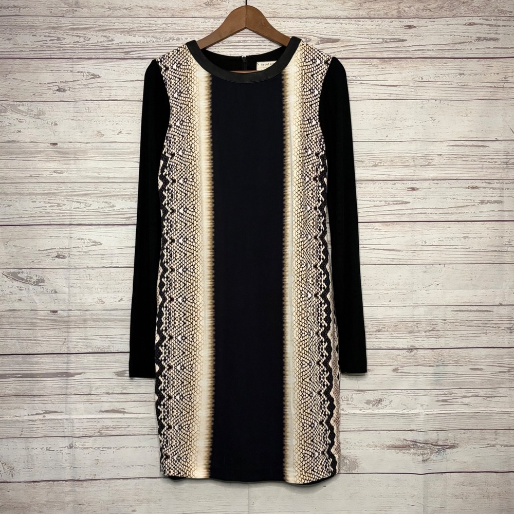 Nicole Miller Artelier Snakeskin Print Long Sleeve Sheath Dress Black Size 8